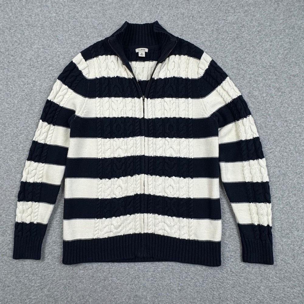 LL Bean Navy Blue Cream Striped Cable Knit Full Zip Cardigan Sweater Womens M